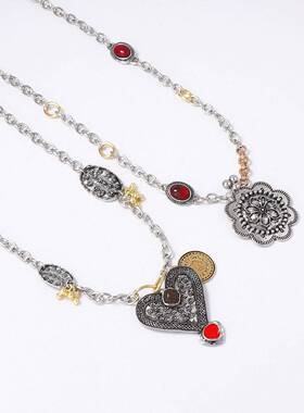 ZA跨境复古潮流合金夸张古银色花卉花朵独特爱心吊坠双层叠戴项链