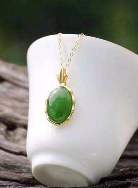 S925纯银镀金磨砂项链椭圆蛋形和田玉女士套链竹叶锁骨链