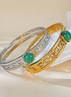 OPK欧美跨境复古女士镂空镶嵌绿色天然石不锈钢手镯玫瑰金