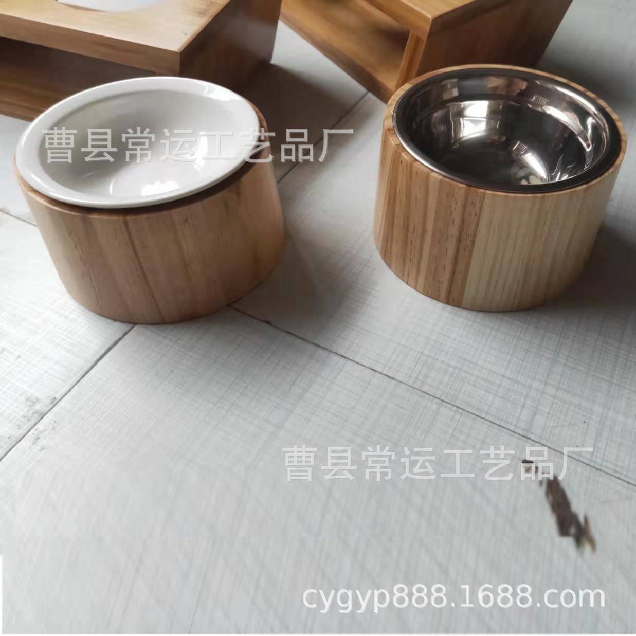 木制宠物实木双碗猫咪护颈陶瓷单碗狗狗狗碗猫碗食盆家用简约用品 - 图1