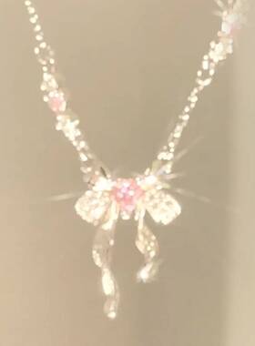 少女感 粉锆蝴蝶结吊坠项链女甜美优雅精致锁骨链高级感长款颈链-