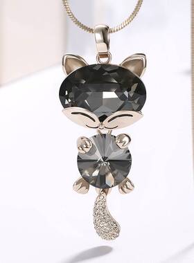 韩版百搭长款项链高档女简约时尚小猫咪水晶吊坠毛衣链服装配饰品