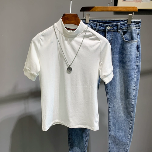 Цветная бархатная базовая приятная телу футболка с коротким рукавом для отдыха, в корейском стиле, высокий воротник