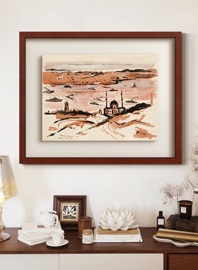 霍格艺术悬浮式装裱风景水彩画法式复古客厅装饰画中古风玄关挂画