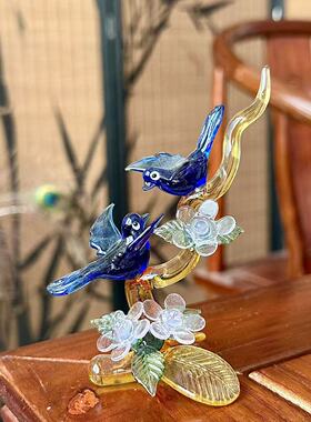 轻奢手工琉璃双鸟花卉摆件