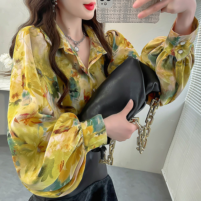 ເສື້ອ chiffon ພິມ lapel ສີເຫຼືອງສົດສໍາລັບແມ່ຍິງ
