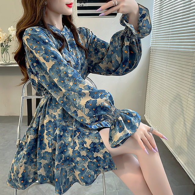 Spring age-reducing printed stand-collar chiffon shirt for women