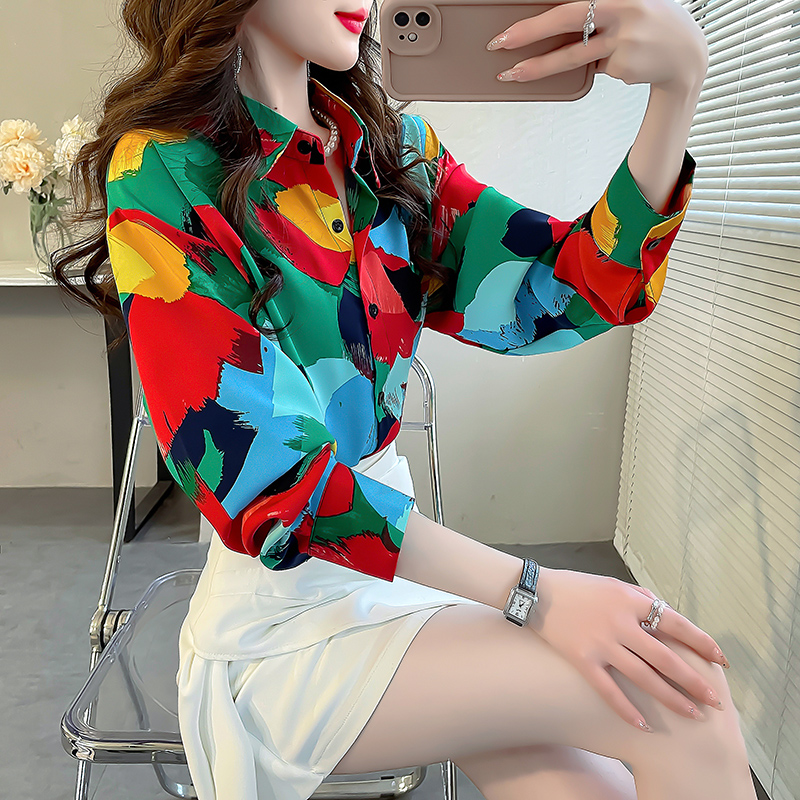 2024早春新款衬衣长袖上衣印花撞色衬衫女大码宽松遮肚子雪纺衫女,淘宝优惠券,粉丝福利购,淘宝优惠卷