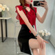 ເສື້ອ chiffon ຄໍ V-neck ສະຫມໍ່າສະເຫມີສີແດງ