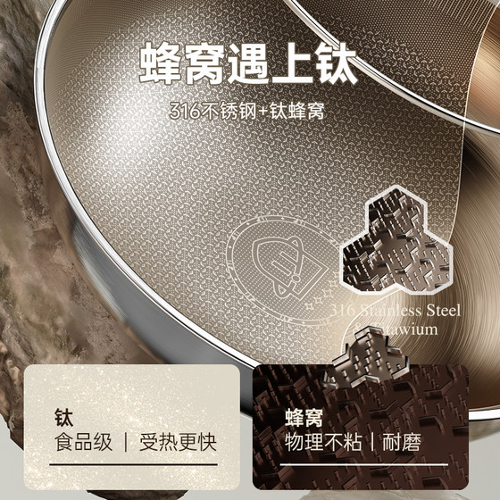 Uncoated non-stick wok household titanium stainless steel honeycomb non-stick wok induction cooker gas stove universal