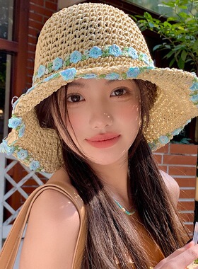 薄荷曼波夏季女款防晒帽海边百搭渔夫帽大帽檐可折叠遮阳帽子草帽