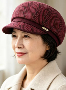 秋冬中老年女加厚毛呢保暖鸭舌帽