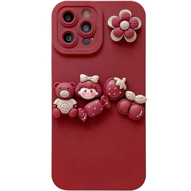 龙龙数码配件专营店酒红花朵女孩小熊公仔苹果11/13手机壳iphone12/xr/xs华为p40p30荣耀50套nova5/6/7/8se女款pro小米oppovivo3