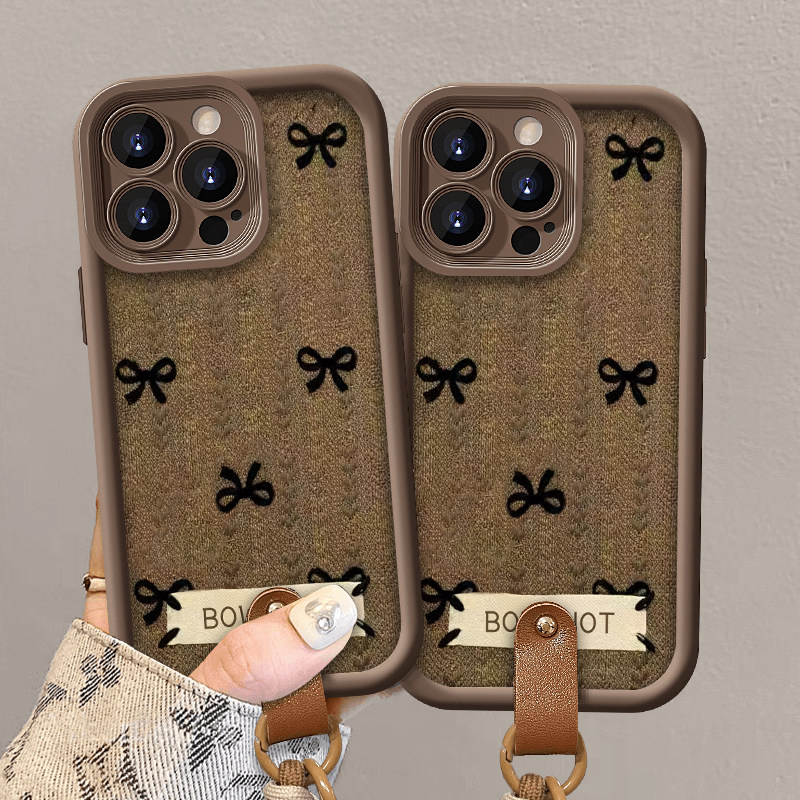 适用苹果16手机壳14promax秋新女款iPhone15plus黑色蝴蝶结13咖色12磨砂11挂绳p美拉德x华为荣耀vivo小米oppo