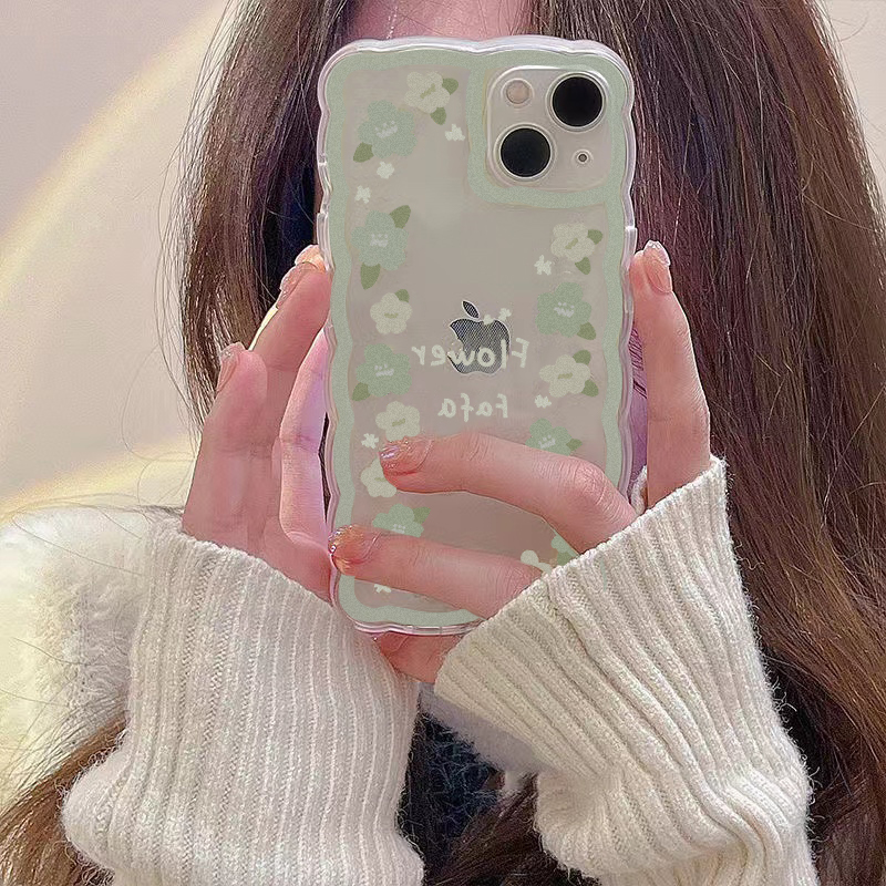 龙龙数码配件专营店绿色碎花适用iphone13pro max苹果12手机壳11新款xr高级感女款xs波浪x透明全包6s防摔7/8plus保护套13小清新1