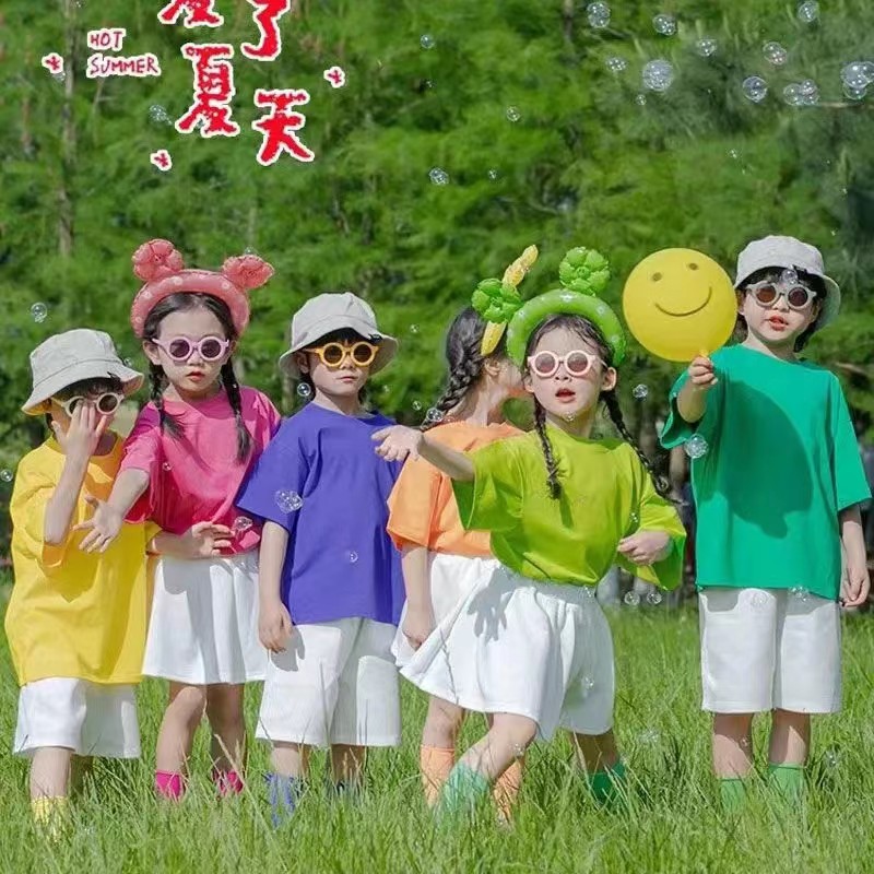 儿童啦啦队演出服幼儿园表演服装班服糖果色T恤小学生运动会服装 - 图1