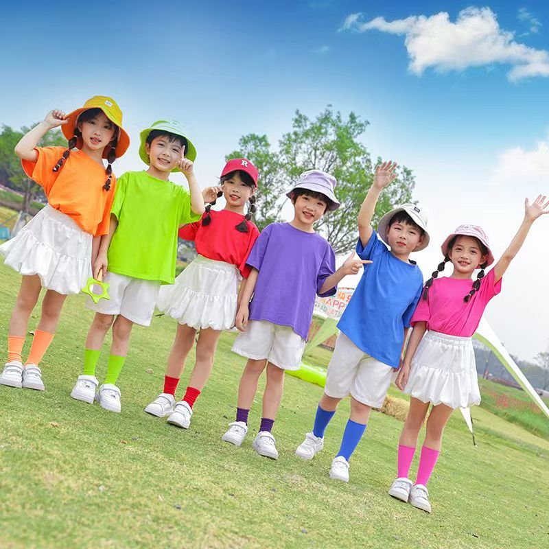 儿童啦啦队演出服幼儿园表演服装班服糖果色T恤小学生运动会服装 - 图2