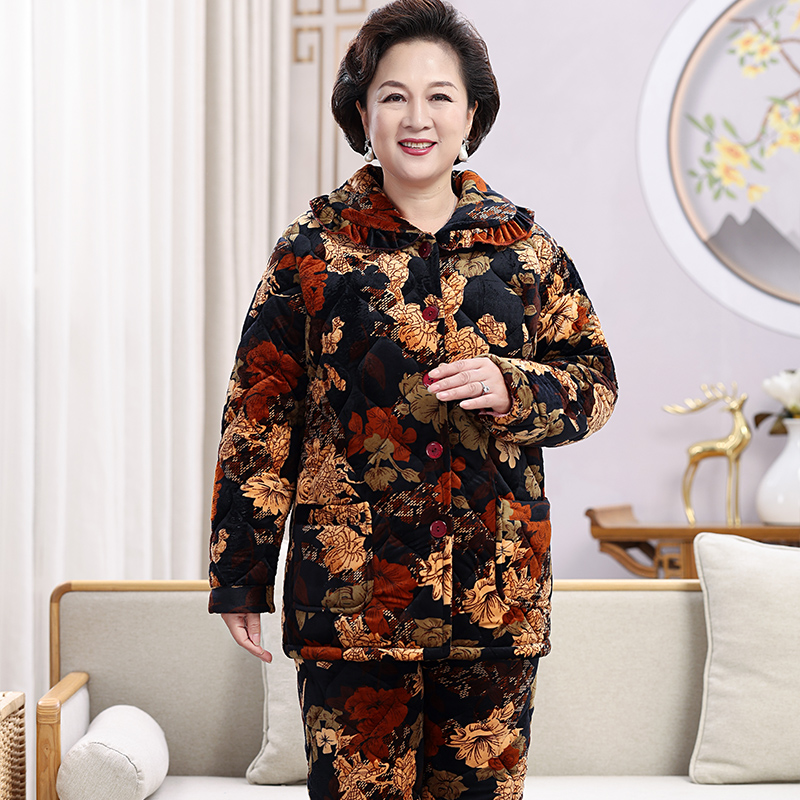 冬季睡衣女中老年妈妈款印花夹棉加厚套装保暖中国风家居服花棉袄