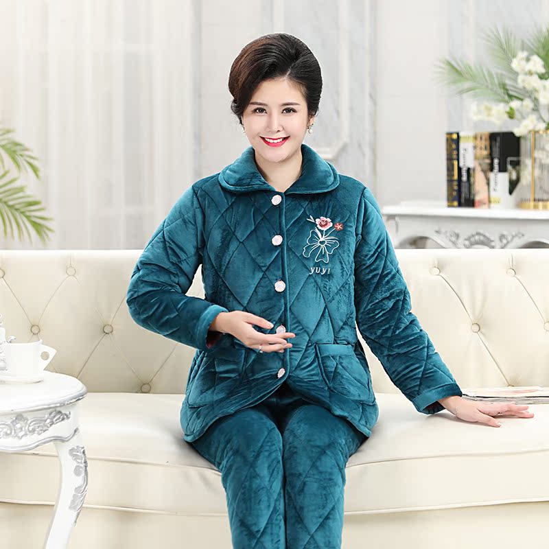 冬季中老年人睡衣女士三层夹棉绣花加大加厚妈妈款套装保暖家居服
