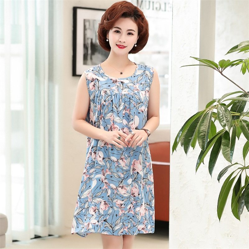 中老年人睡裙夏女士中年圆领连衣裙 羽艺睡裙