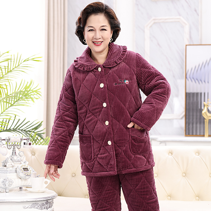 冬季中老年睡衣女妈妈三层夹棉加厚加绒奶奶套装老人保暖家居服