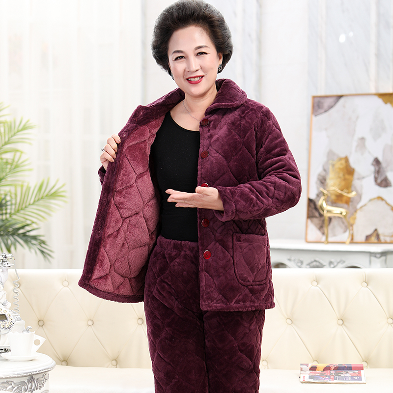冬季中老年睡衣女妈妈夹棉加厚加绒保暖老人奶奶婆婆法兰绒家居服