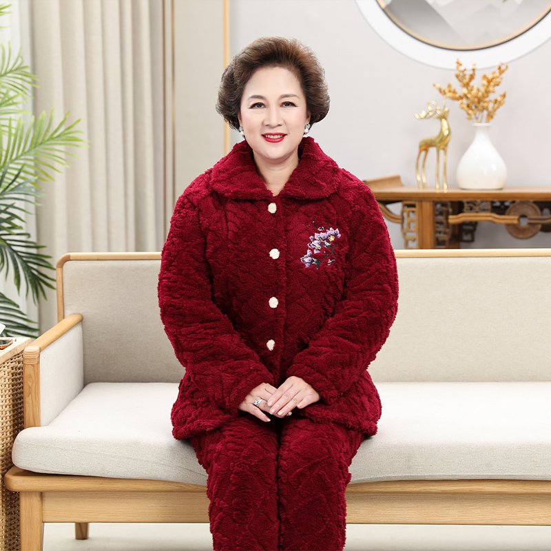 中老年人睡衣女冬季妈妈款加厚加大三层夹棉套装珊瑚绒保暖家居服