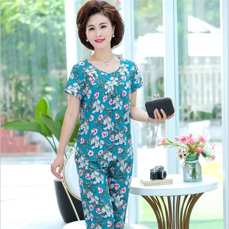中老年人夏妈妈短袖薄女士睡衣 羽艺睡衣/家居服套装