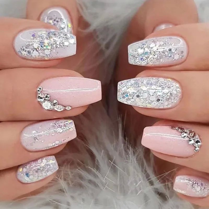 24Pcs Press On Nails Wearable Fake Nails Pink Gradient Glitt-图1