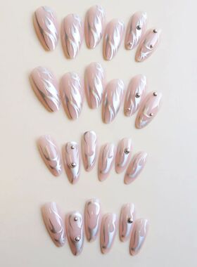 Wearable Silver Stripes Y2k False Nails Long Almond Round Fa