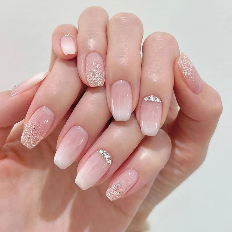 24Pcs Press On Nails Wearable Fake Nails Pink Gradient Glitt-图3