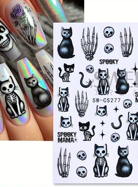 4pcs Kawaii Black Cat Nail Art Decals Skull Spooky Design Ad