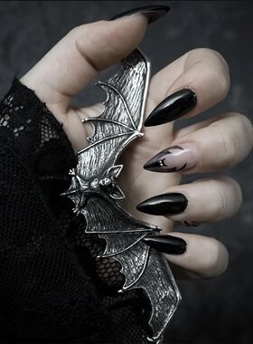 Black Cool Fake Nails Halloween Bat Press on Nails Almond De