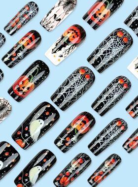24 Pcs Halloween Press on Nails Acrylic with Charms Pumpkin