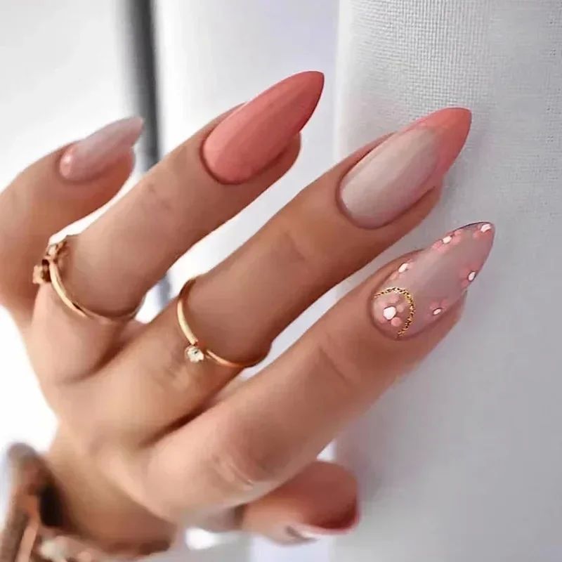 24Pcs Pink Gradient Almond False Nails Simple with French De - 图2