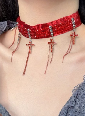 优雅十字架流苏水晶串珠布艺项链欧美时尚潮流高级感小众锁骨链女