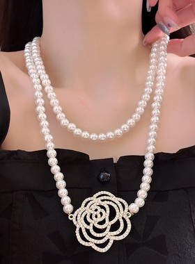 名媛气质金属镶钻镂空花朵珍珠项链法式轻奢时尚优雅潮流锁骨链女
