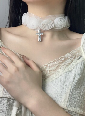 甜美浪漫白色网纱花朵十字架项链轻奢时尚优雅淑女气质锁骨链潮