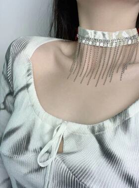 时尚高级感镶钻圆珠流苏布艺项链甜美气质优雅淑女设计感锁骨链女