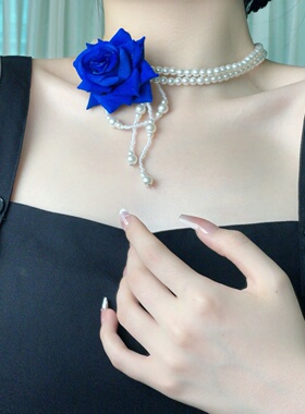 甜美蓝色花朵流苏双层珍珠项链绝美小香风时尚轻奢高级锁骨链配饰