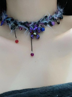 个性独特毛绒别针蝴蝶流苏项链时尚潮流轻奢气质小众设计锁骨链女