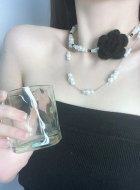 甜美淑女黑色花朵花朵多层项链文艺复古田园风ins风锁骨链新款