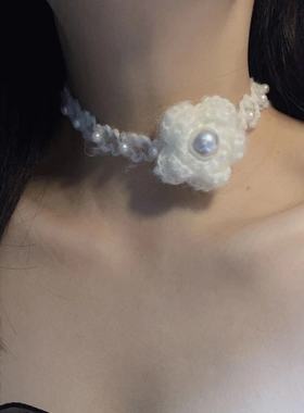 温柔淑女气质珍珠毛绒针织花朵项链超仙小清新少女感ins风锁骨链