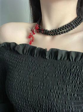 时尚优雅水滴流苏多层黑色串珠项链复古潮酷高级个性独特锁骨链女