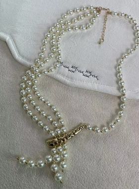 法式复古多层不对称珍珠流苏项链时髦洋气欧美高级感锁骨链新款潮