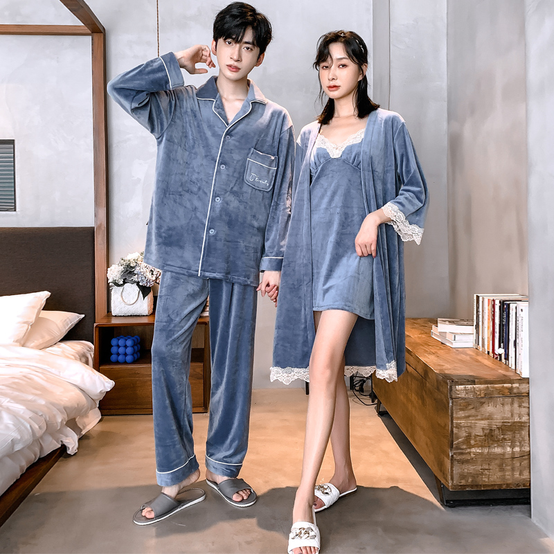 乐姿梦旗舰店乐姿梦海岛绒秋冬季情侣睡衣女珊瑚绒吊带睡袍加绒长袖男士套装1