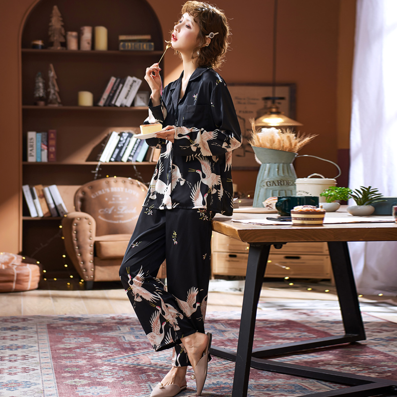 乐姿梦旗舰店春秋季睡衣女仿真丝绸长袖薄款甜美冰丝可外穿黑色家居服秋款套装2