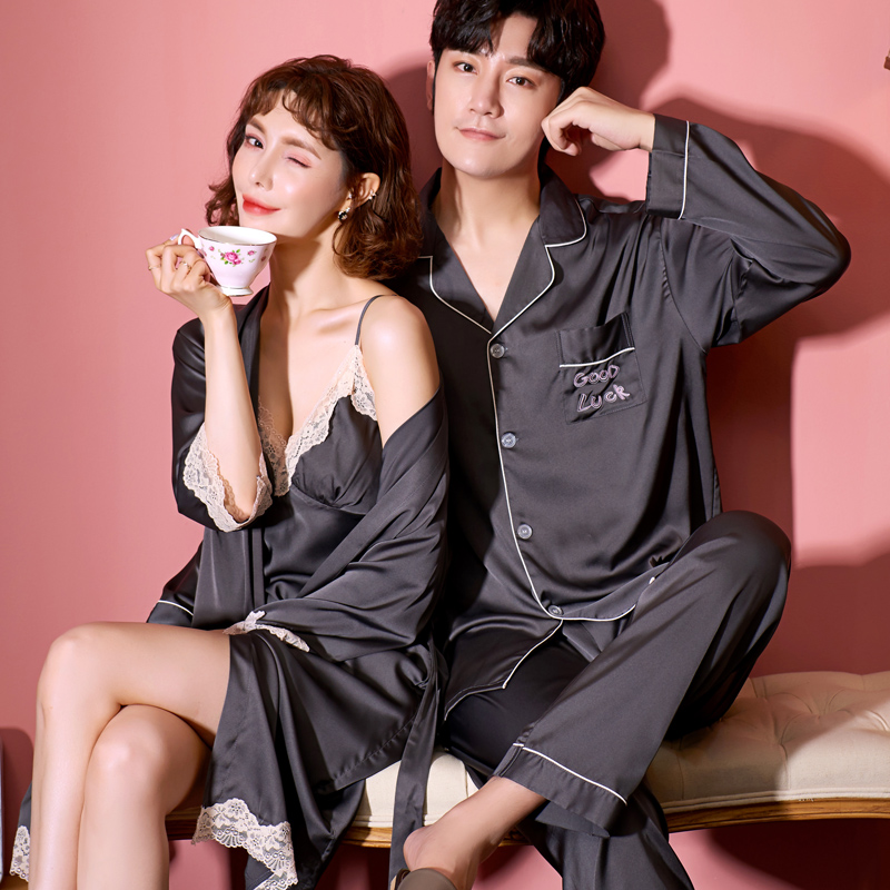 乐姿梦旗舰店春秋情侣冰丝睡衣女性感睡裙睡袍两件套装韩版甜蜜男士丝绸家居服2