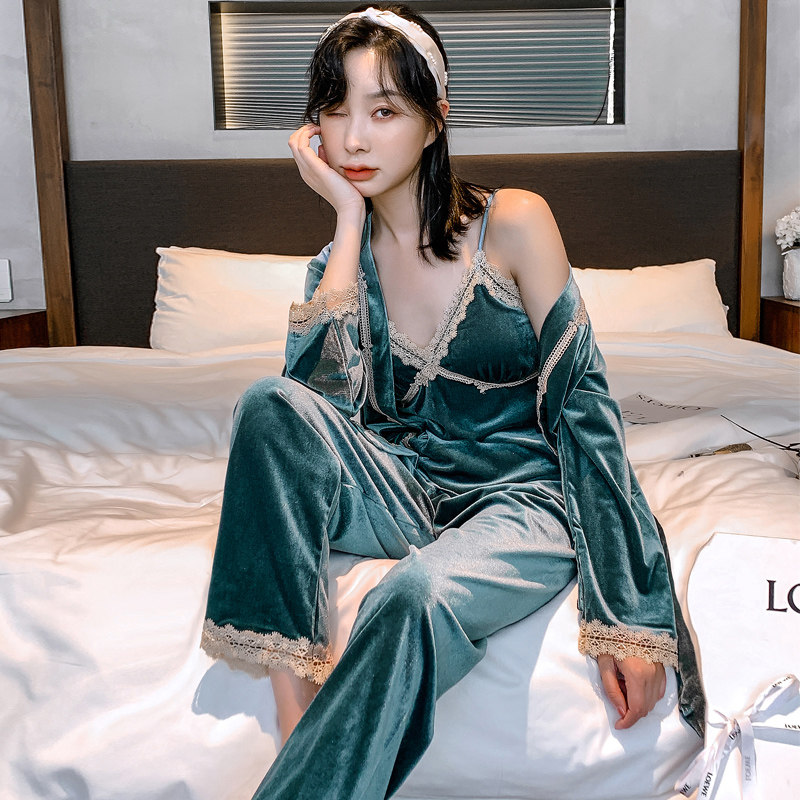 乐姿梦金丝绒情侣睡衣女秋冬季性感三件套装男士长袖高级感家居服,淘宝优惠券,粉丝福利购,淘宝优惠卷