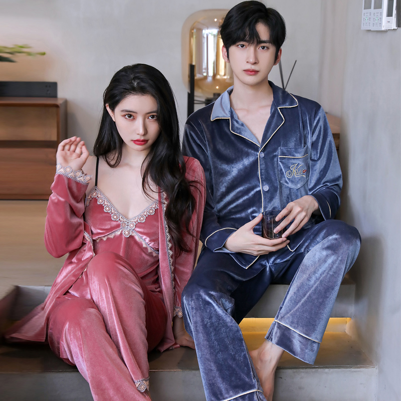 乐姿梦旗舰店乐姿梦秋冬季新款金丝绒情侣睡衣女性感三件套男士长袖韩版家居服2